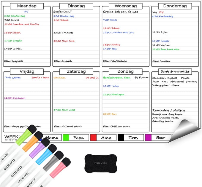 Systemyze Weekplanner Whiteboard – Magnetisch Planbord – Magnetische Maandplanner – Inclusief Markers & Wisser – A3 Formaat