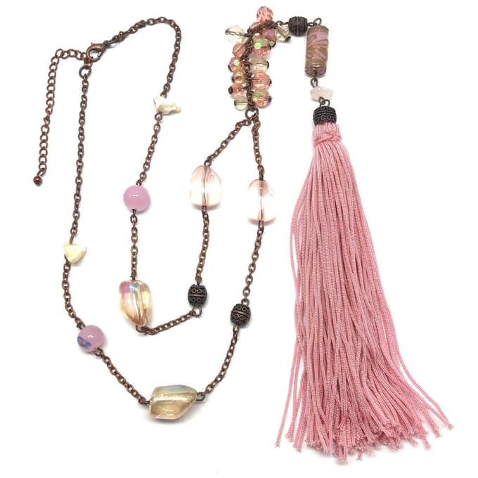 Behave - Ketting - Lange Ketting - Brons Kleur - Roze - Kwast - 63 cm