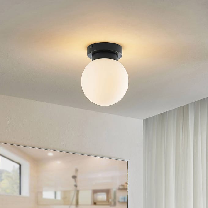 Lindby - Plafondlamp badkamer - 1licht - Staal, glas - H: 18 cm - E14 - zwart mat