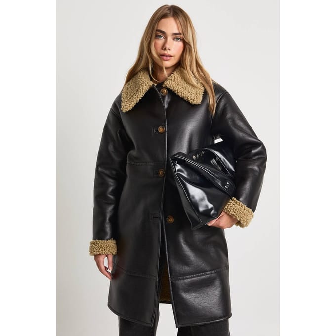 boohoo Dames PU Longline Aviatorjack met bontaccent | Black | Maat: 12