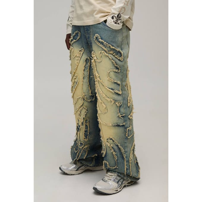 Super Baggy Jeans Met Getinte Wassing En Ruwe Rand Appliqué | Green | Size 34