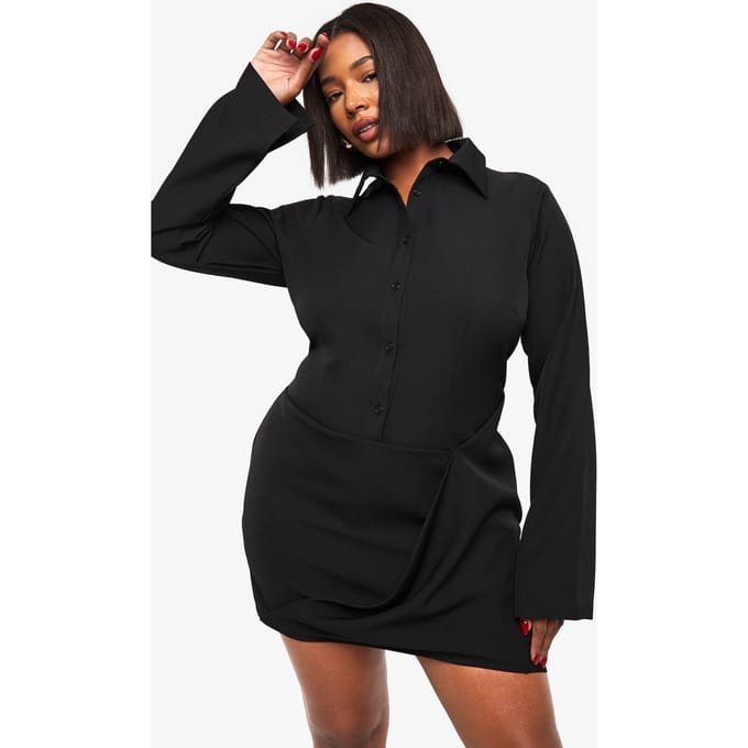 boohoo Dames Plus Shirtjurk met draperende voorkant | Zwart | Maat: 46