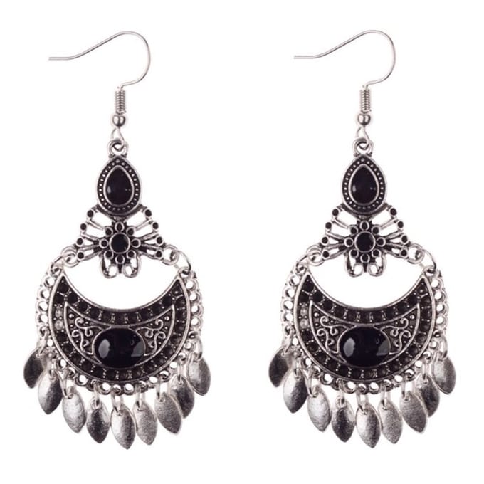Fako Bijoux® - Oorbellen - Bohemian - Boho Leafs - Zwart - Zilverkleurig