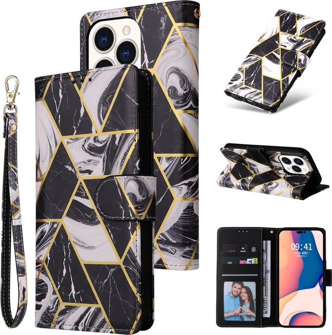 Fonu Marmer bookcase Geschikt Voor iPhone 14 Pro Max hoesje - Zwart