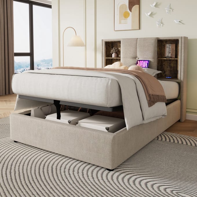 REDOM opbergbed 90x200 cm – Linnen, draadloos laden, USB/Type-C – Natural