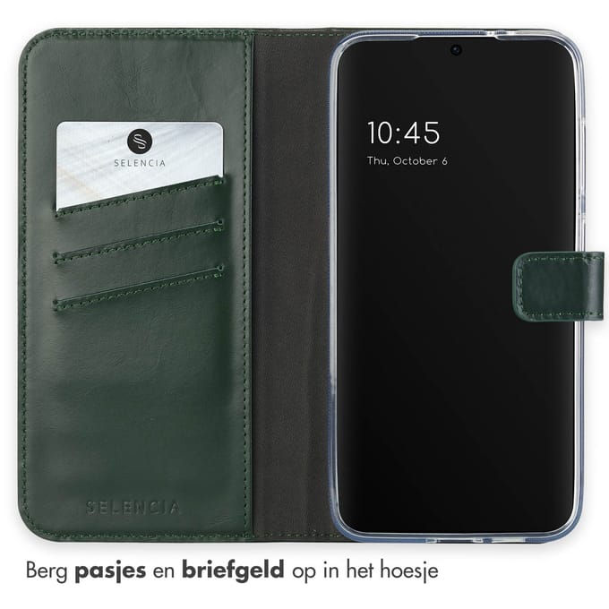 Selencia Hoesje - Geschikt voor Samsung Galaxy S24 FE - Echt Lederen Bookcase - Groen