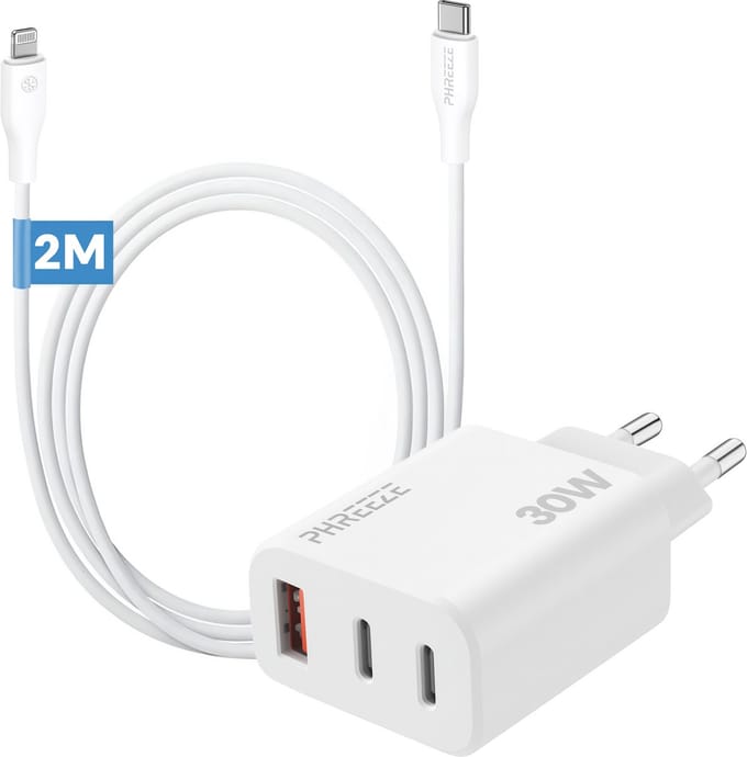 Adapter en oplaadkabel geschikt voor iPhone iPad met Lightning naar usb C kabel - Snellader 30w - Usb adapter met 2m kabel