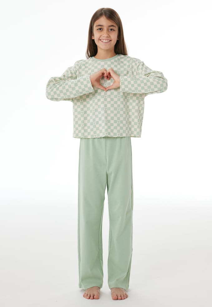 Lange pyjama van interlock met ruitjesmotief, pastelgroen - Nightwear 152