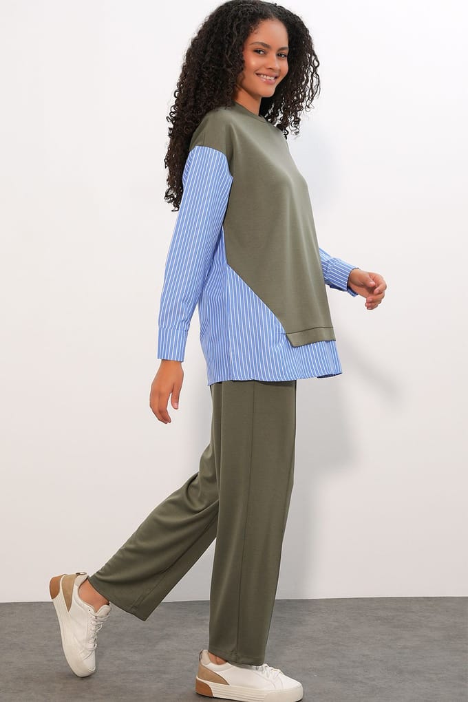 Gestreepte Lange Crew Neck Twee-Delige Coördineer Set