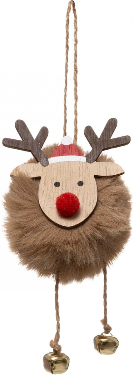 JJA - Kleine kerst rendier pompon hanger 13 cm en belletjes