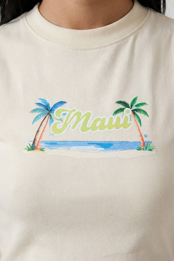 boohoo Dames Maui Palmboom Print Baby Tee | Ecru | Maat: Medium