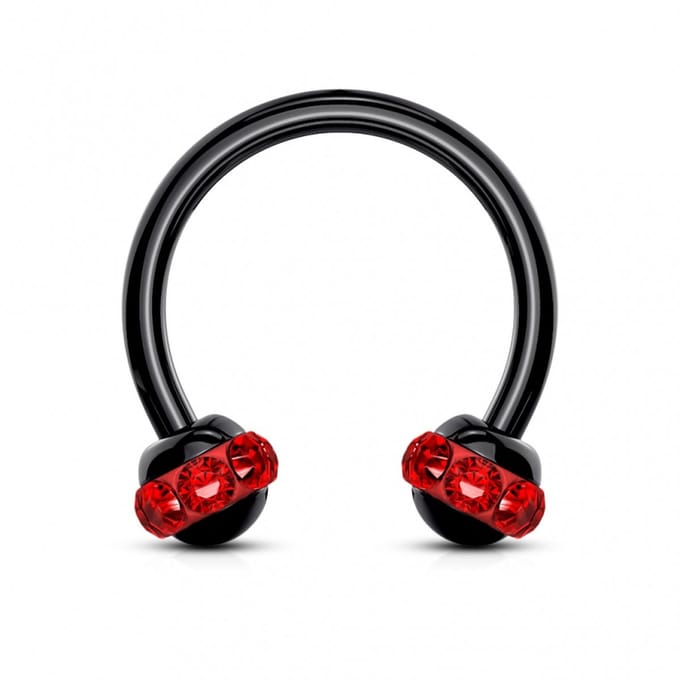 Piercing PVD horseshoe rond met steen 1.2x8 - zwart rood - LMPiercings