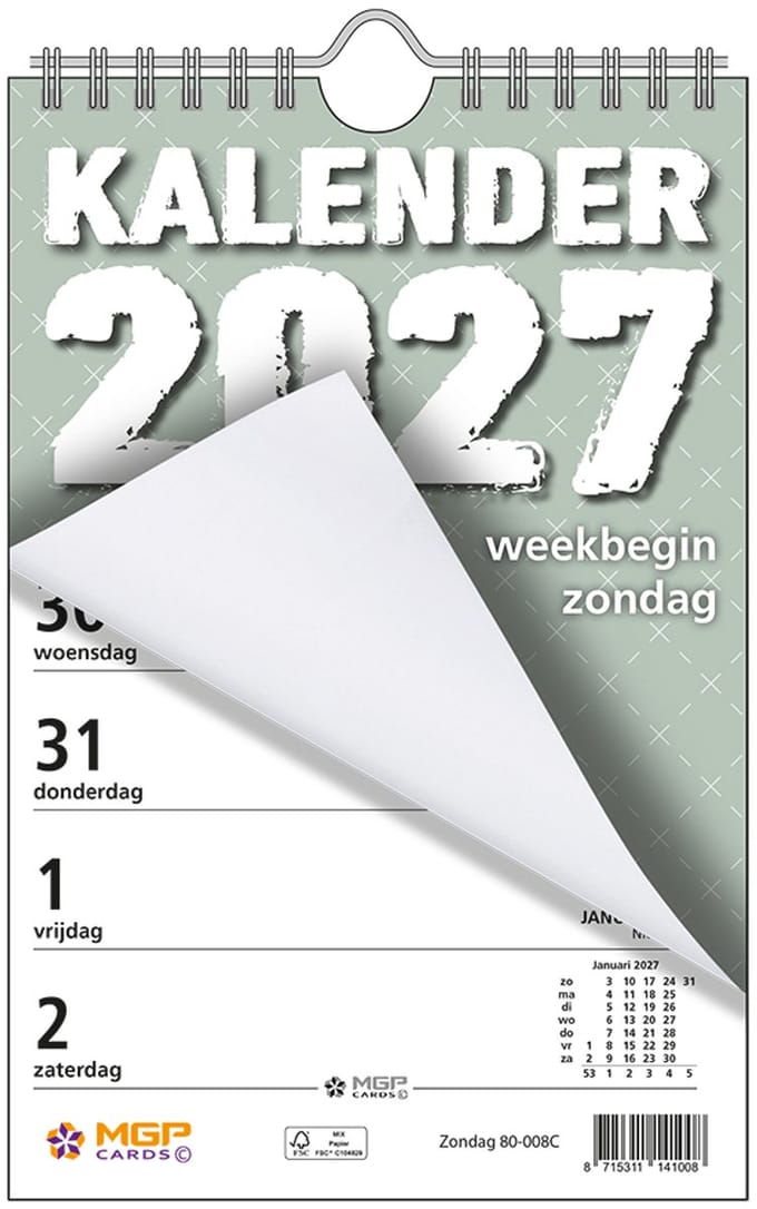 MGPcards - Weekblok met Wire-O binding 2027 - Week begint op zondag - 13,5 x 20,5 cm - Groen