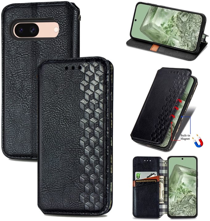 Luxe PU Lederen Ruitpatroon Wallet Case + Glas Screenprotector voor Google Pixel 8a _ Zwart