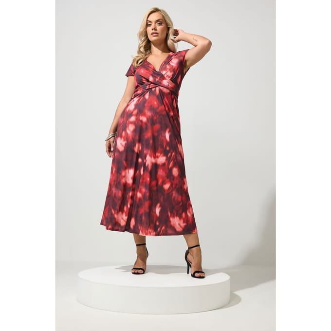 Yours London Rode Jurk Met Abstracte Print En Gedraaide Voorkant Size 42