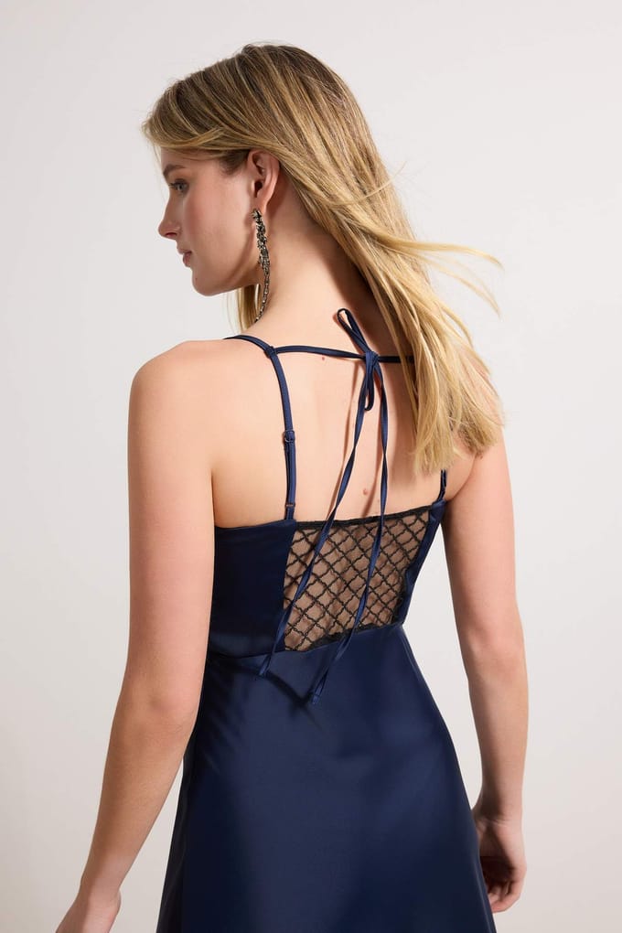 Damesjurk in marineblauw, plat model, mouwloos, chic/avondjurk