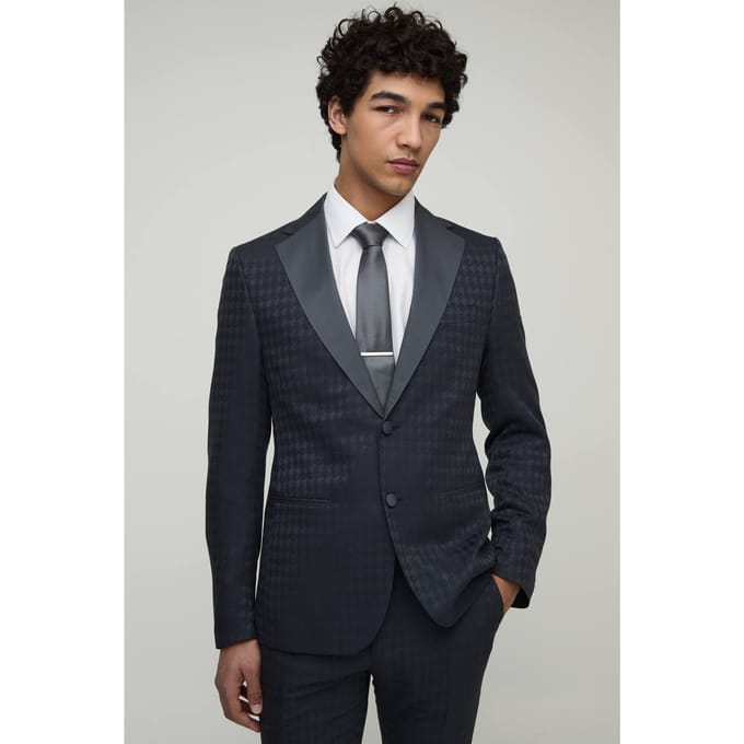 Skinny Tonal Houndstooth Single Breasted Jacket | Navy | Size 48