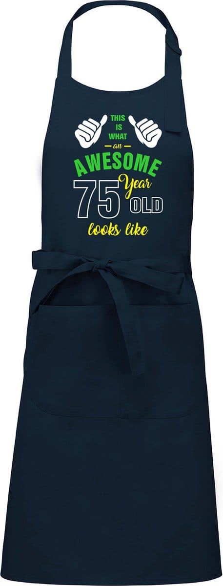 Leeftijd cadeau - Luxe keukenschort - BBQ schort - verjaardag - Awesome 75 jaar - navy blauw