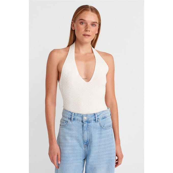 Geribde Halternek Brei Blouse