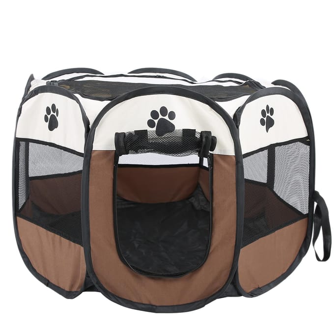 Draagbare Opvouwbare Kooi voor Huisdier Kat Hond Oefen- & Speeltent Met Gaas Afdekking Binnen/Buiten Gebruik Koffie wit