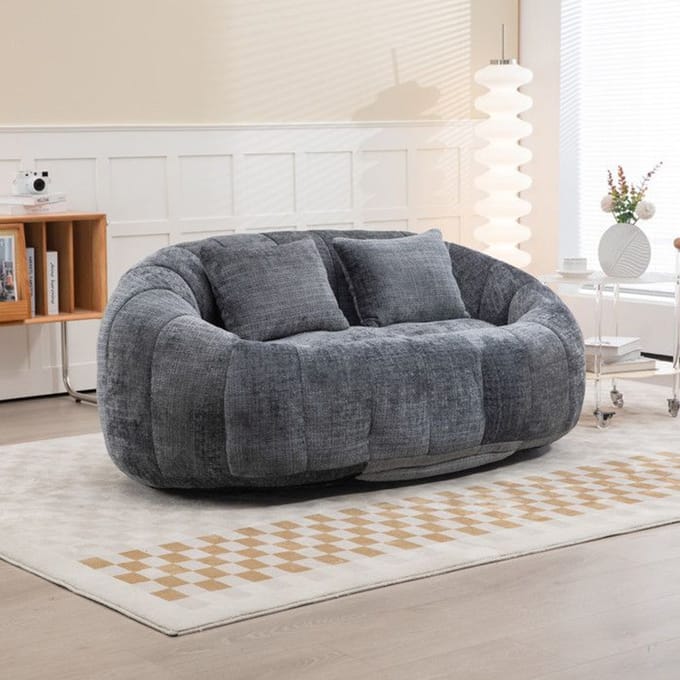 Bank poef - MUVOE - Tweepersoons fauteuil - Grijs chenille - 2 zitplaatsen - Vulschuim grijs