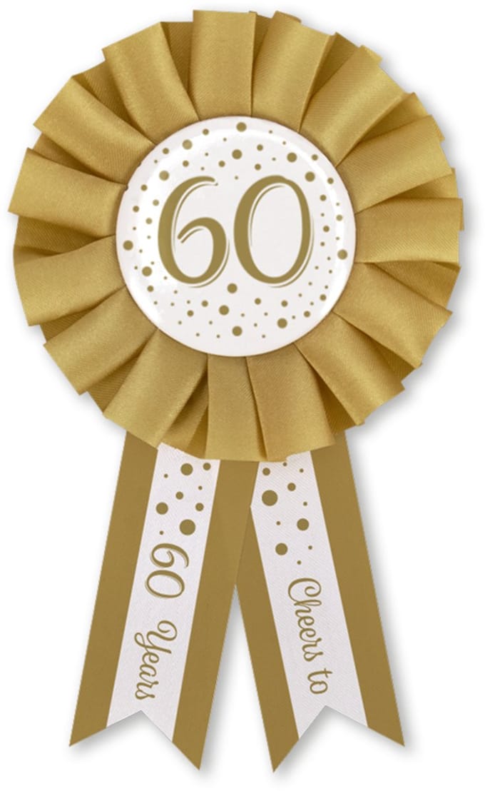Q2P - 60 Jaar Rozet - Verjaardag Versiering - Wit & Goud - Feest - Buttons - Rosette