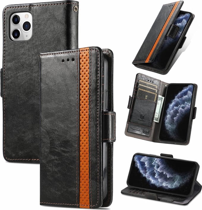 Stijlvol Tweekleurig PU-leer Wallet Flip Case + PET Screenprotector voor iPhone 11 Pro _ Zwart