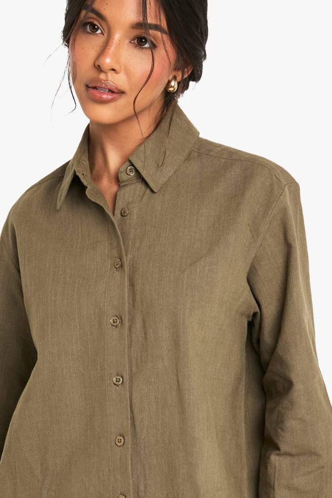 boohoo Dames Linnen look oversized shirt | Kaki | Maat: 36