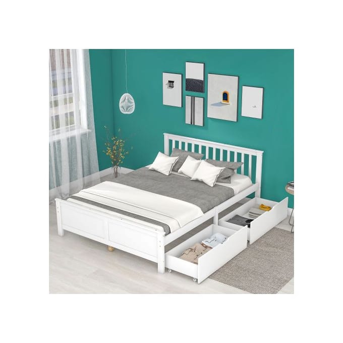 Lit double - MUVOE - 140x200 cm - Bois massif - Blanc - Avec tiroirs de rangement blanc