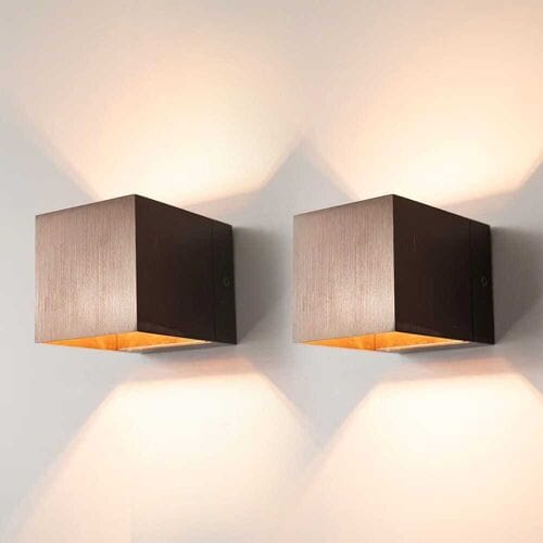 HOFTRONIC – Set van 2 wandlampen vierkant – Dimbaar 5 watt – Up en downlight – Aluminium brons geborsteld – IP20 – Binnengebruik