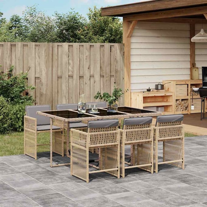 vidaXL - 7-delige - Tuinset - met - kussens - poly - rattan - gemengd - beige