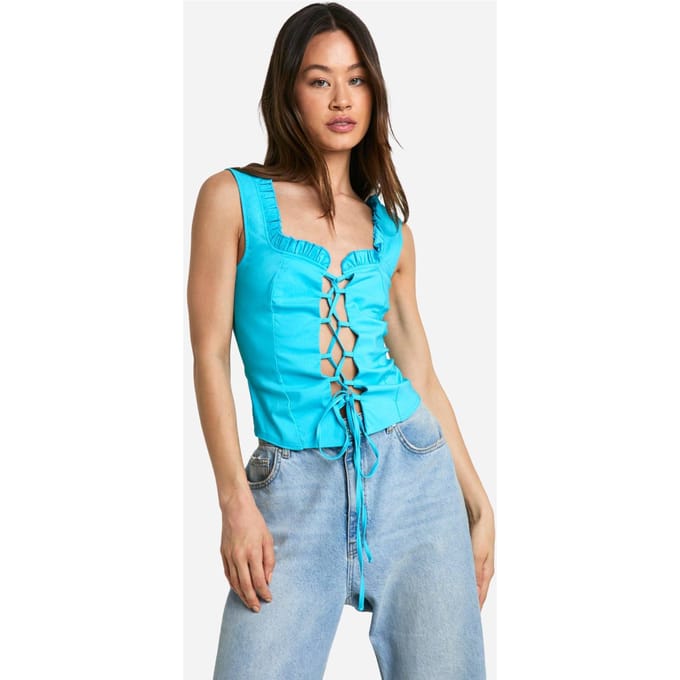 boohoo Dames Lange Bengaline Naaddetail Top met Vetersluiting | Turquoise | Maat: 42