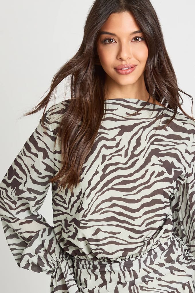 boohoo Dames Zebra bedrukt smockjurk met slash-hals | Black | Maat: 8