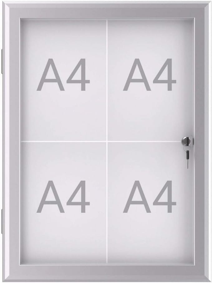Showbox voor Presentaties 4 x A4 met Aluminium Frame en Glazen Deur