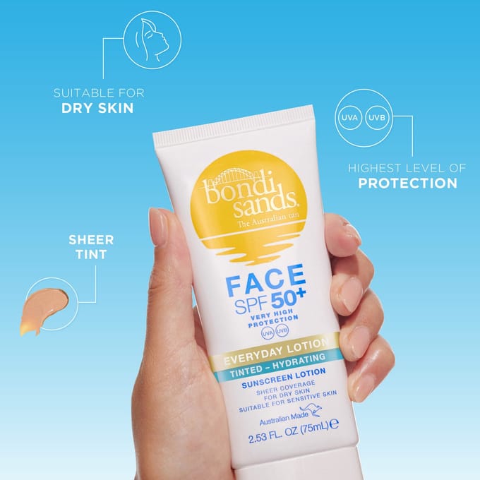 Bondi Sands Sunscreen Face Lotion SPF 50+ Fragrance Free Tinted - Hydrating 75 ml
