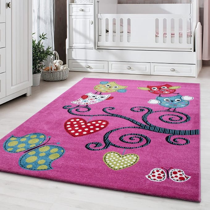 Flycarpets Flycarpets - Kids Kinderkamer Uil Paars Vloerkleed - 80x150 cm