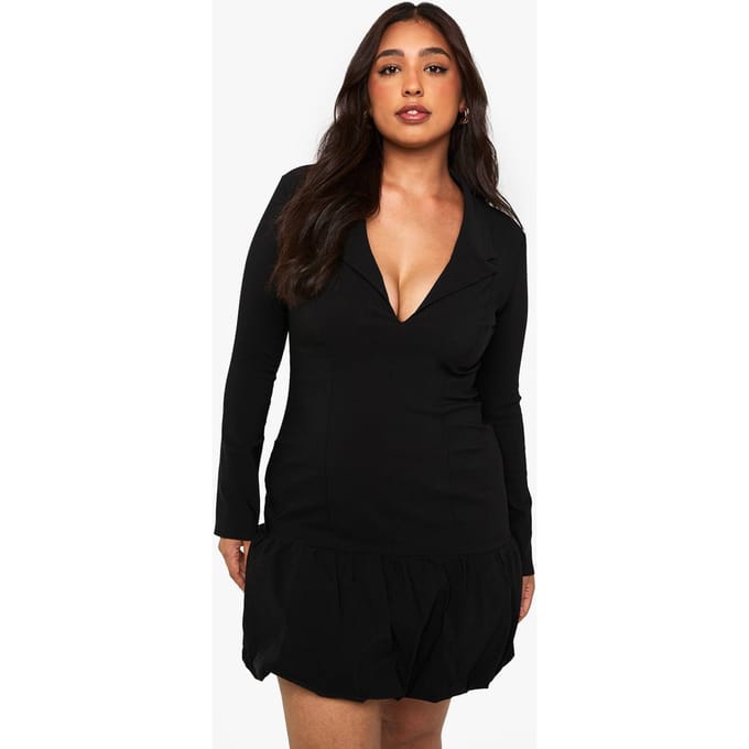 boohoo Dames Plus Boxy Puff Hem Blazer Jurk | Black | Maat: 16