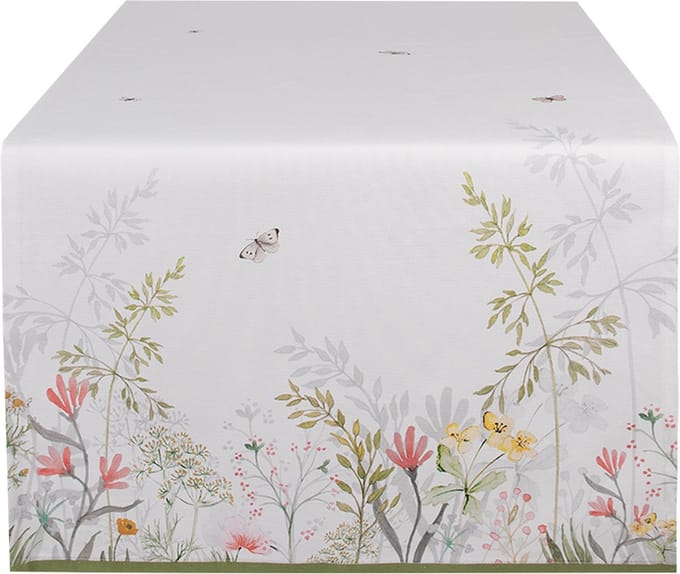 Clayre & Eef Tafelloper 50x140 cm Wit Katoen Bloemen