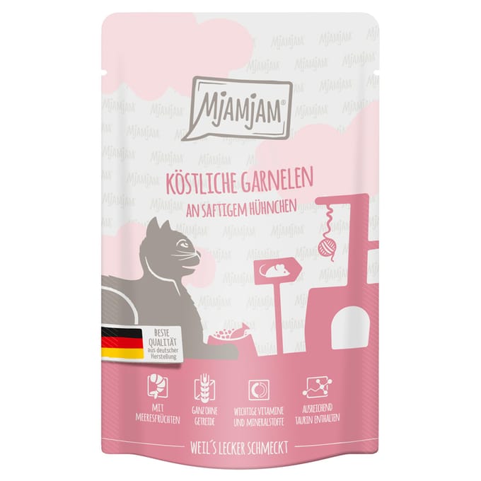 Voordeelpakket 24x125g MjAMjAM Knijpzakje heerlijke garnalen met sappige kip natvoer voor katten