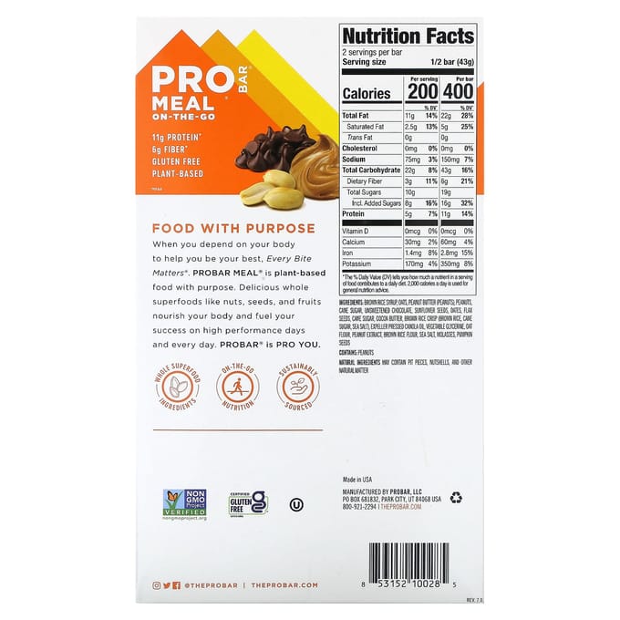 ProBar, Draagbare Maaltijd, Pindakaas Chocoladechip, 12 Repen, 3 oz (85 gram) Elk