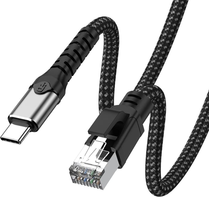 DrPhone NetCore Gigabit Internetkabel – USB-C naar RJ45 Ethernet Adapter – 1000Mbps – Plug & Play – Nylon – 1.2m – Zwart