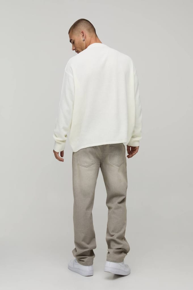 Essential Relaxed Fit Henley Waffle Knitted T-Shirt | Ecru | Size Medium