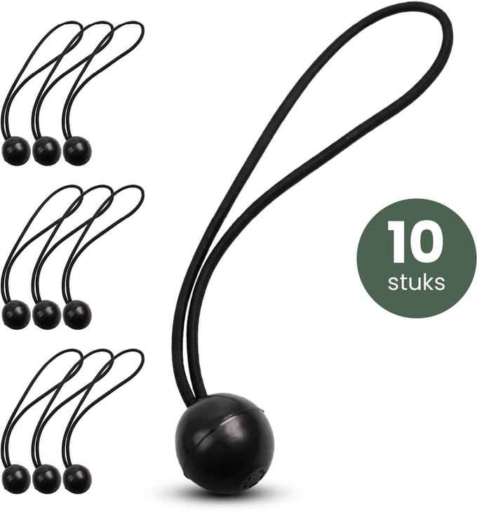 STACK® Spanelastiek met Bal - 10 Stuks - Zeilspanner & Spanelastiek - Ideaal voor Afdek Zeil, Spandoek, Aanhanger & Tent - Spanrubbers Set - Bungee Ball Koord - Spanner Elastiek Rekbaar tot 30 cm - Spanrekkers - Zwart
