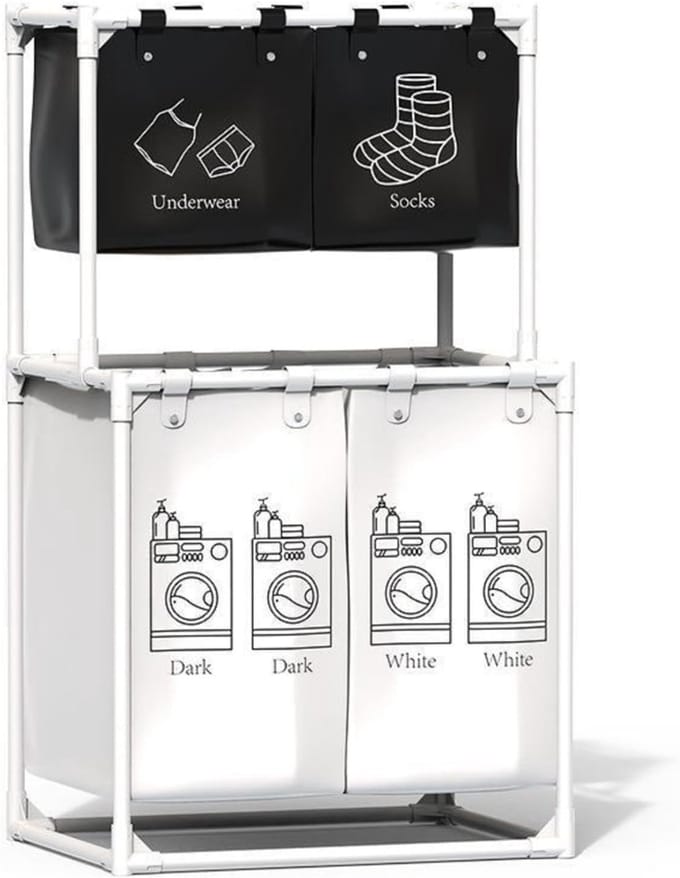 Wassorteerder 4 Vakken - Wasmand - 150L - Wit met Zwart