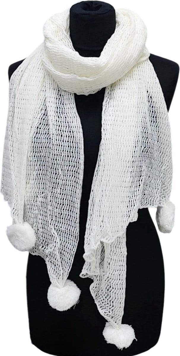Lange Gebreide Sjaal - Pompon - Ecru/Roomwit - 200 x 65 cm (4637)
