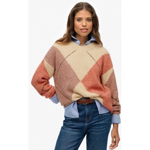 Superdry Oversized Argyle-trui met V-hals White Grootte: 38