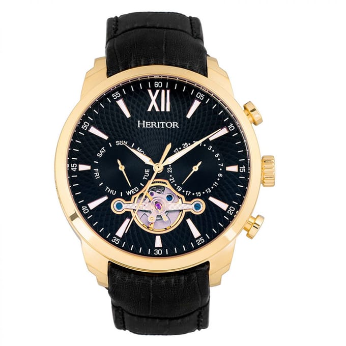 Heritor Automatic Arthur Semi-Skeleton leren band horloge met dag/datum - goud/zwart