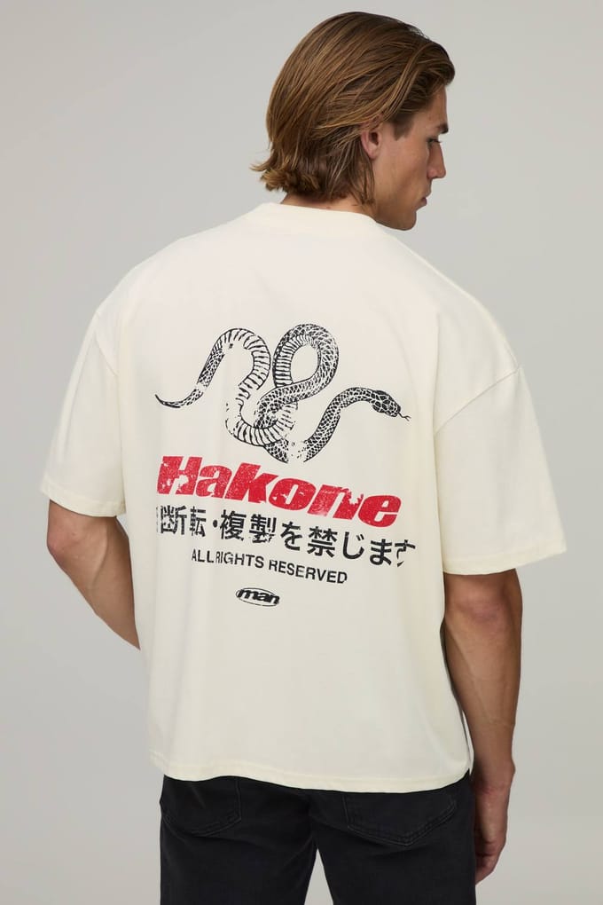 Ecru Oversized Boxy T-shirt Met Hakone Print | Size Medium