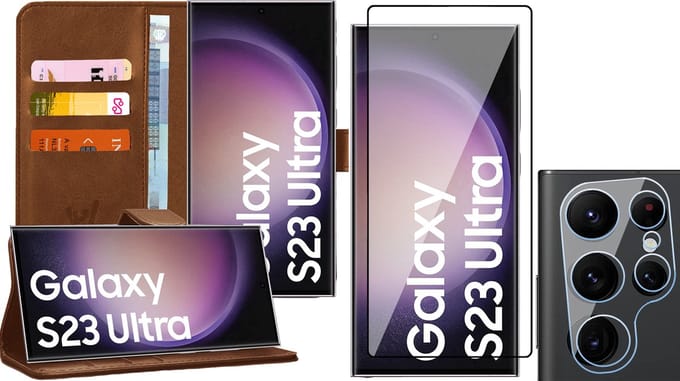 Hoesje geschikt voor Samsung Galaxy S23 Ultra - Screenprotector FlexGuard & Camera Lens Screen Protector - Book Case Kunstleer Pasjeshouder Bruin
