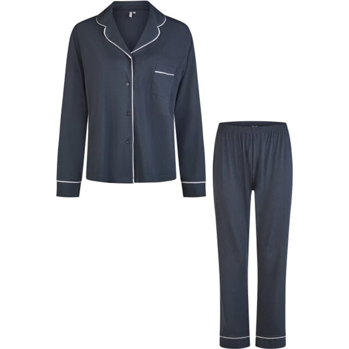 By Louise Dames Pyjama Set Lang Modal Met Knoopsluiting Donkerblauw - Maat M